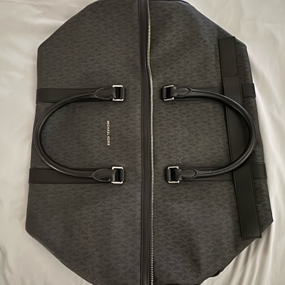 Michael Kors Mens Duffel Bag Logo Canvas Black Leather Trim Travel Gym Overnight